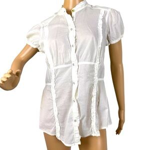 Esprit Semi Sheer White Cotton Shirt Y2K Sz 10 Medium short sleeve button down‎